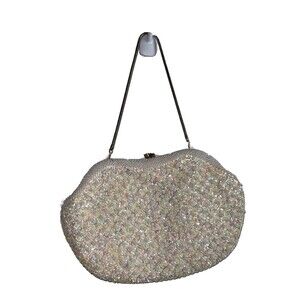 vintage la regale beaded purse White Beads Yellow Satin Lining Chain Handmade HK